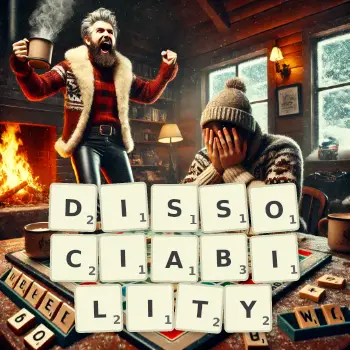 Creative illustration for a Scrabble game with the word DISSOCIABILITY spelled out in tiles on the board.