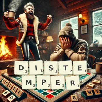 Creative illustration for a Scrabble game with the word DISTEMPER spelled out in tiles on the board.