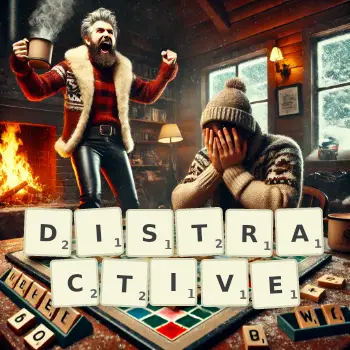 Creative illustration for a Scrabble game with the word DISTRACTIVE spelled out in tiles on the board.