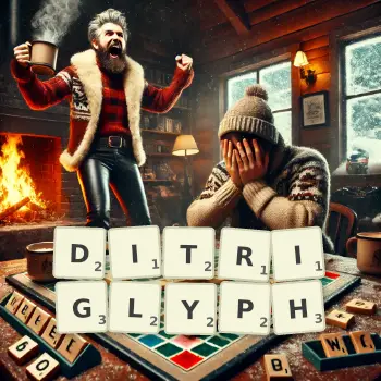 Creative illustration for a Scrabble game with the word DITRIGLYPH spelled out in tiles on the board.