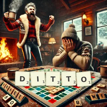 Creative illustration for a Scrabble game with the word DITTO spelled out in tiles on the board.