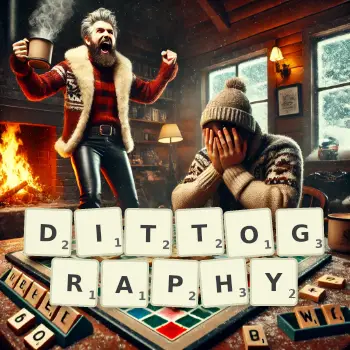 Creative illustration for a Scrabble game with the word DITTOGRAPHY spelled out in tiles on the board.