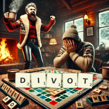 Creative illustration for a Scrabble game with the word DIVOT spelled out in tiles on the board.