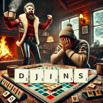 Creative illustration for a Scrabble game with the word DJINS spelled out in tiles on the board.