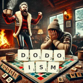 Creative illustration for a Scrabble game with the word DODOISM spelled out in tiles on the board.
