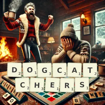 Creative illustration for a Scrabble game with the word DOGCATCHERS spelled out in tiles on the board.