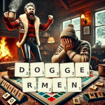 Creative illustration for a Scrabble game with the word DOGGERMEN spelled out in tiles on the board.