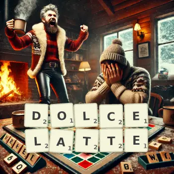 Creative illustration for a Scrabble game with the word DOLCELATTE spelled out in tiles on the board.
