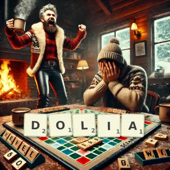 Creative illustration for a Scrabble game with the word DOLIA spelled out in tiles on the board.