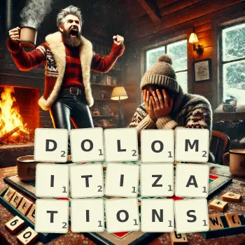 Creative illustration for a Scrabble game with the word DOLOMITIZATIONS spelled out in tiles on the board.