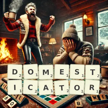 Creative illustration for a Scrabble game with the word DOMESTICATOR spelled out in tiles on the board.