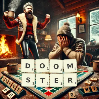 Creative illustration for a Scrabble game with the word DOOMSTER spelled out in tiles on the board.