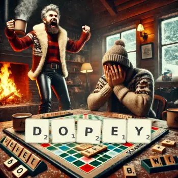 Creative illustration for a Scrabble game with the word DOPEY spelled out in tiles on the board.