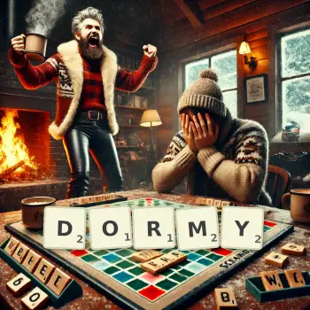 Creative illustration for a Scrabble game with the word DORMY spelled out in tiles on the board.