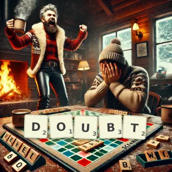 Creative illustration for a Scrabble game with the word DOUBT spelled out in tiles on the board.