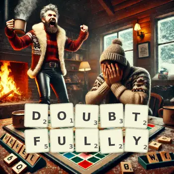 Creative illustration for a Scrabble game with the word DOUBTFULLY spelled out in tiles on the board.
