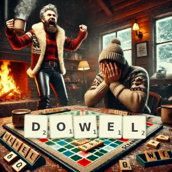 Creative illustration for a Scrabble game with the word DOWEL spelled out in tiles on the board.
