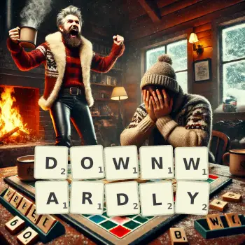 Creative illustration for a Scrabble game with the word DOWNWARDLY spelled out in tiles on the board.
