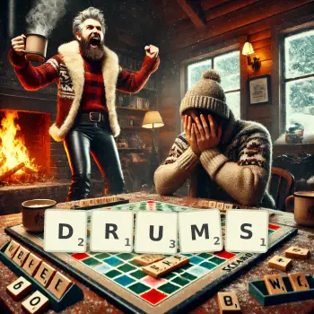 Creative illustration for a Scrabble game with the word DRUMS spelled out in tiles on the board.