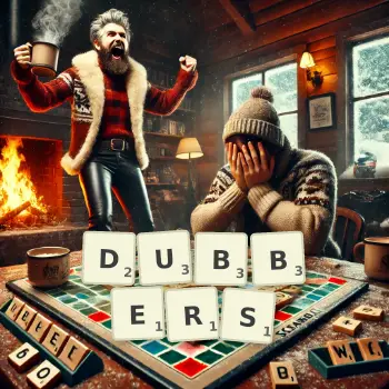 Creative illustration for a Scrabble game with the word DUBBERS spelled out in tiles on the board.
