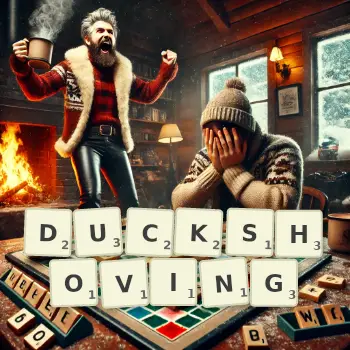 Creative illustration for a Scrabble game with the word DUCKSHOVING spelled out in tiles on the board.