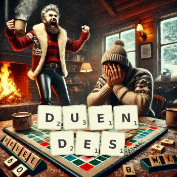 Creative illustration for a Scrabble game with the word DUENDES spelled out in tiles on the board.