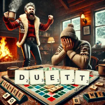 Creative illustration for a Scrabble game with the word DUETT spelled out in tiles on the board.
