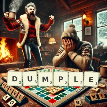 Creative illustration for a Scrabble game with the word DUMPLE spelled out in tiles on the board.