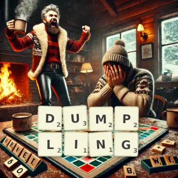Creative illustration for a Scrabble game with the word DUMPLING spelled out in tiles on the board.