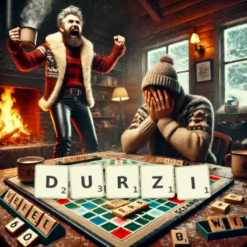 Creative illustration for a Scrabble game with the word DURZI spelled out in tiles on the board.