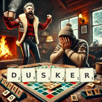 Creative illustration for a Scrabble game with the word DUSKER spelled out in tiles on the board.