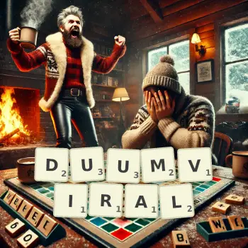 Creative illustration for a Scrabble game with the word DUUMVIRAL spelled out in tiles on the board.