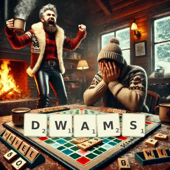 Creative illustration for a Scrabble game with the word DWAMS spelled out in tiles on the board.