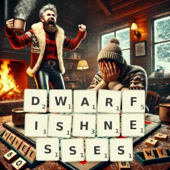 Creative illustration for a Scrabble game with the word DWARFISHNESSES spelled out in tiles on the board.