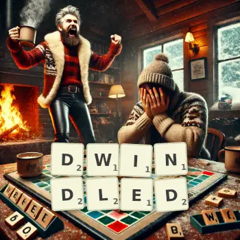 Creative illustration for a Scrabble game with the word DWINDLED spelled out in tiles on the board.