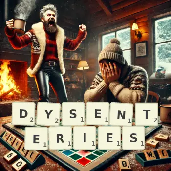Creative illustration for a Scrabble game with the word DYSENTERIES spelled out in tiles on the board.