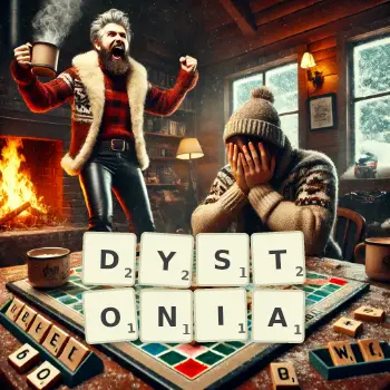 Creative illustration for a Scrabble game with the word DYSTONIA spelled out in tiles on the board.