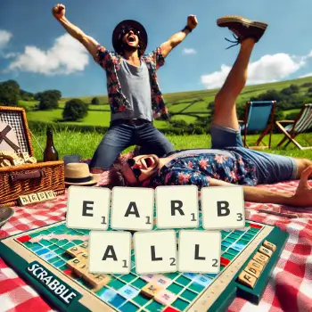 Creative illustration for a Scrabble game with the word EARBALL spelled out in tiles on the board.