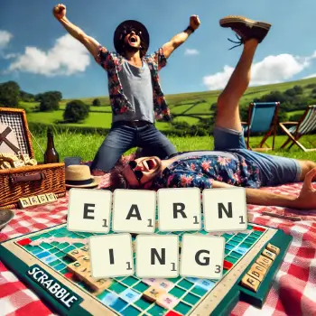 Creative illustration for a Scrabble game with the word EARNING spelled out in tiles on the board.
