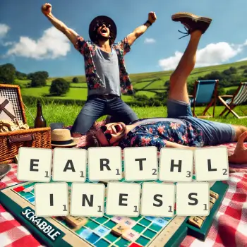 Creative illustration for a Scrabble game with the word EARTHLINESS spelled out in tiles on the board.