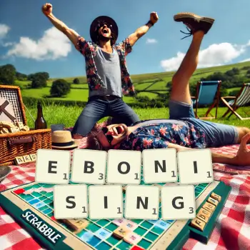 Creative illustration for a Scrabble game with the word EBONISING spelled out in tiles on the board.