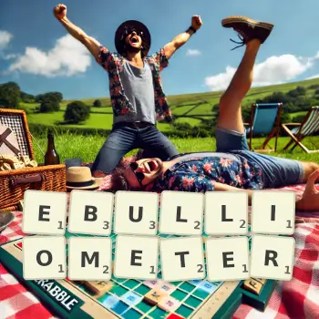 Creative illustration for a Scrabble game with the word EBULLIOMETER spelled out in tiles on the board.