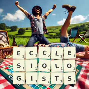 Creative illustration for a Scrabble game with the word ECCLESIOLOGISTS spelled out in tiles on the board.