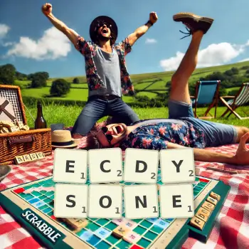 Creative illustration for a Scrabble game with the word ECDYSONE spelled out in tiles on the board.