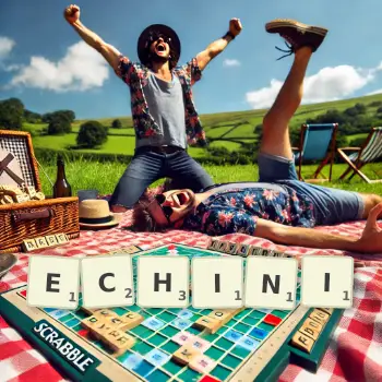 Creative illustration for a Scrabble game with the word ECHINI spelled out in tiles on the board.