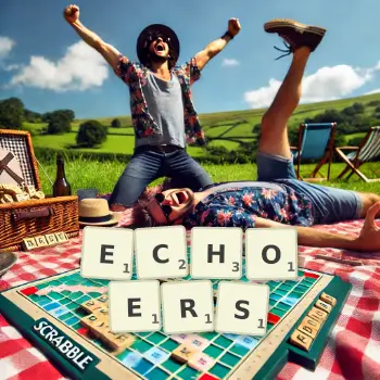 Creative illustration for a Scrabble game with the word ECHOERS spelled out in tiles on the board.