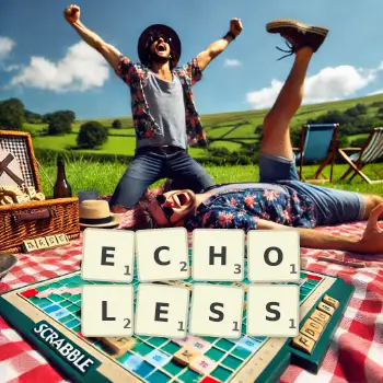 Creative illustration for a Scrabble game with the word ECHOLESS spelled out in tiles on the board.