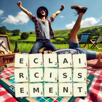 Creative illustration for a Scrabble game with the word ECLAIRCISSEMENT spelled out in tiles on the board.