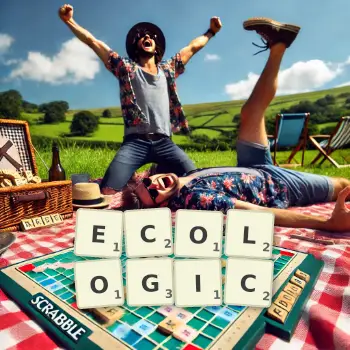 Creative illustration for a Scrabble game with the word ECOLOGIC spelled out in tiles on the board.