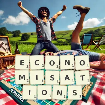 Creative illustration for a Scrabble game with the word ECONOMISATIONS spelled out in tiles on the board.